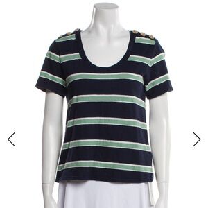 Veronica Beard Jeans navy green white  striped short sleeve shoulder buttons Med